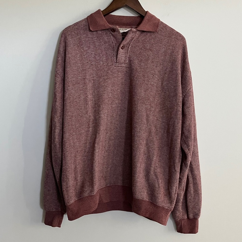 Orvis Men's Large Burgundy Textured Polo Sweater Elbow Patches Pullover Grandpa